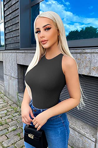 OQQ Women's 3 Piece Bodysuits Sexy Ribbed One Piece Sleeveless Halter Neck Bodysuits Black Coffee White