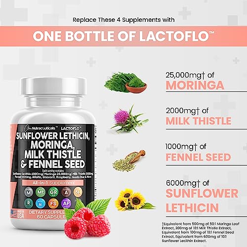Sunflower Lecithin 6000mg Lactation Supplement with Moringa 25000mg Milk Thistle 2000mg Fennel Seed 2000mg Plus Goats Rue, Shatavari, Alfalfa, Red Raspberry & Nettle For Breastfeeding USA Made 60 Ct