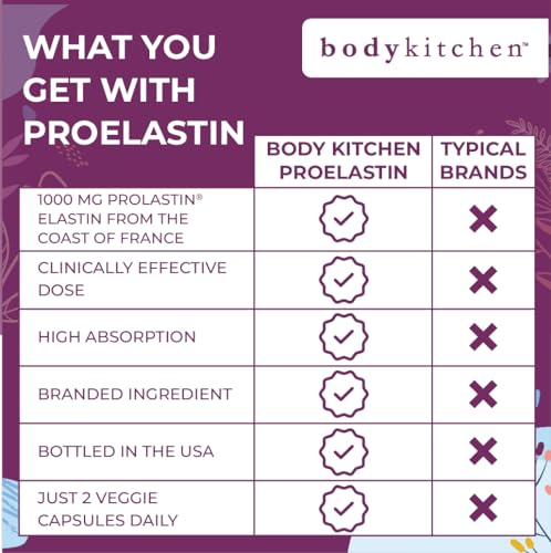 Body Kitchen Pro-Elastin, 1000 mg Elastin Supplement, Help Reduce Signs of Aging, Improved Skin Health, Firmness & Elasticity, Fewer Wrinkles, Veggie Caps, (Pack of 1)