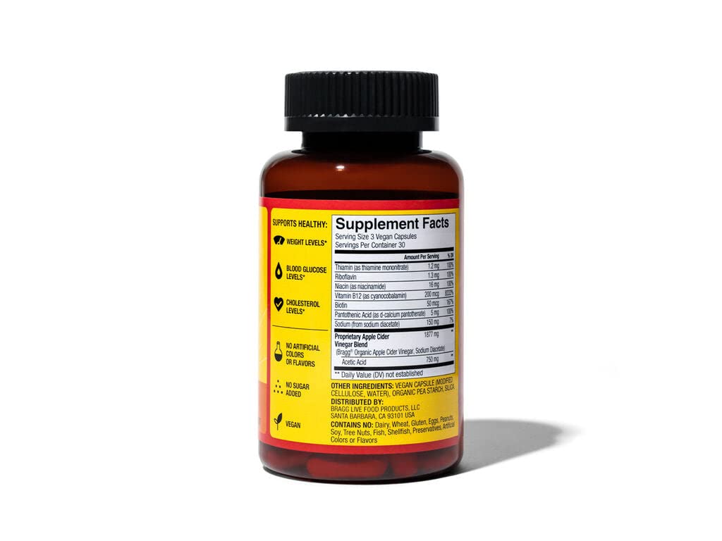 Bragg Apple Cider Vinegar True Energy Capsules – 6 B Vitamins – Caffeine Free - 750mg of Acetic Acid – Weight Management - Non-GMO, Vegan, Gluten Free, No Sugar - (90 Pills)… (1)