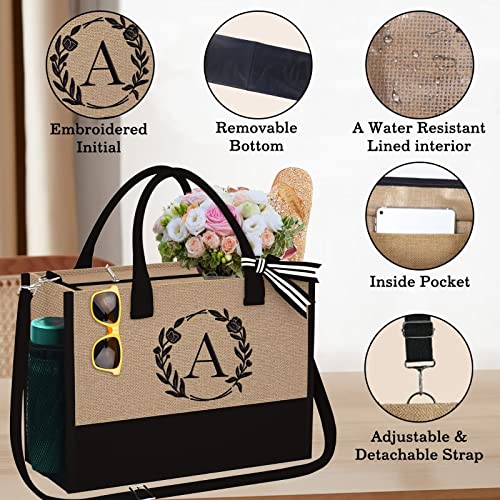 YOOLIFE Gifts for Women - Birthday Gifts for Women A Initial Jute Tote Beach Bag with Zipper Birthday Gifts for Women Friends Female Mom Sister Teacher Appreciation Gifts Bride Gifts