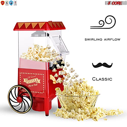 5 Core Popcorn Machine Popcorn Maker with Wheels, 1400 Watts, 120 V, Hot Air Popcorn Popper 12 Cup Retro Vintage Fashioned Style, For Movie Parties and Home Red POP 820