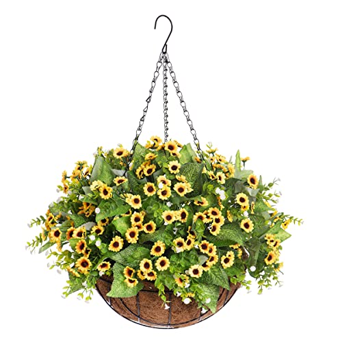Artificial Flowers with Hanging Basket for Outdoor Indoor, Fake Chrysanthemum Flowers in Coconut Lining Hanging Basket for Home Courtyard Decoration, 4 Branches Flowers in 12'' Basket(Yellow)