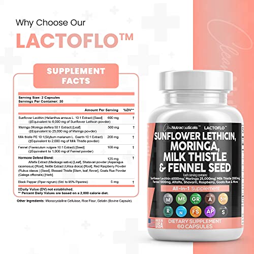 Sunflower Lecithin 6000mg Lactation Supplement with Moringa 25000mg Milk Thistle 2000mg Fennel Seed 2000mg Plus Goats Rue, Shatavari, Alfalfa, Red Raspberry & Nettle For Breastfeeding USA Made 60 Ct