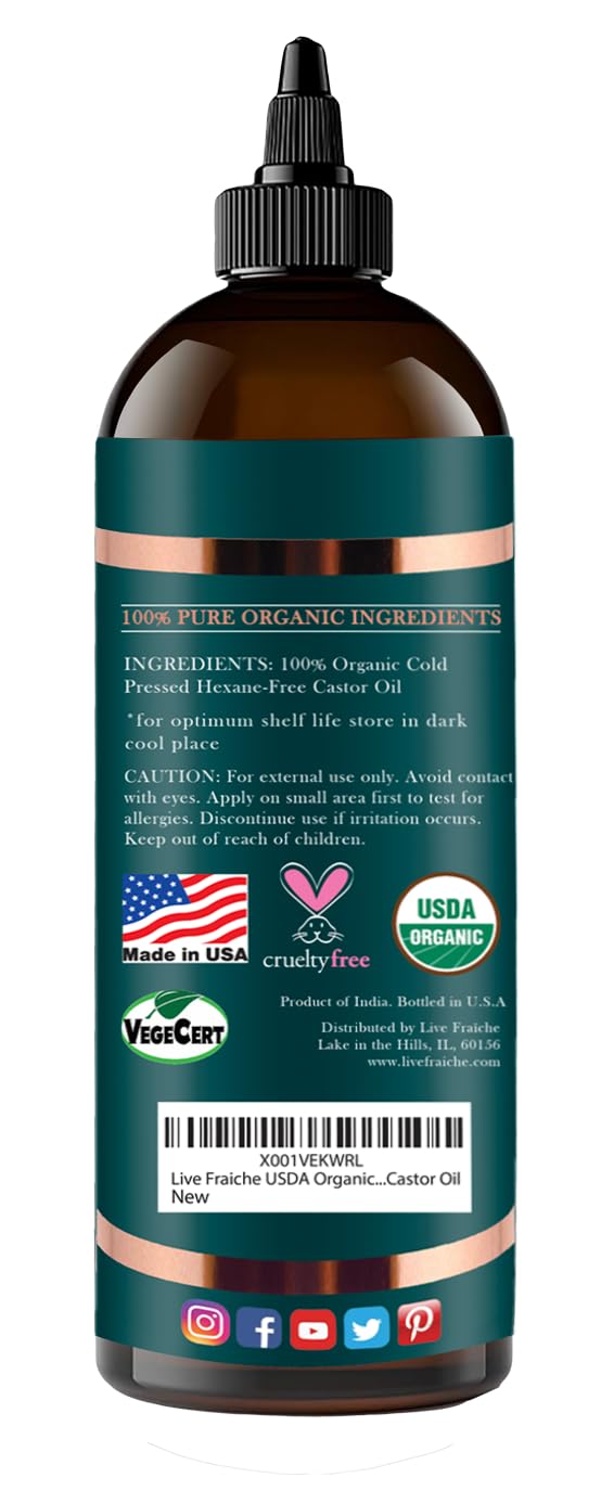 Live Fraiche USDA Organic Cold Pressed Castor Oil (16oz), 100% Pure, Hexane-Free Castor Oil - Moisturizing & Healing, For Dry Skin, Hair Growth - For Skin, Hair Care, Eyelashes - Caster Oil