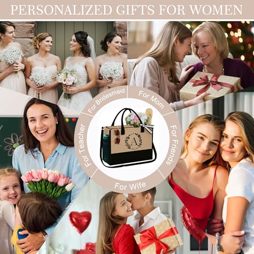YOOLIFE Gifts for Women - Birthday Gifts for Women A Initial Jute Tote Beach Bag with Zipper Birthday Gifts for Women Friends Female Mom Sister Teacher Appreciation Gifts Bride Gifts