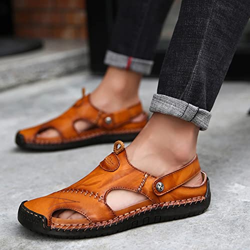 Honeystore Men's Leather Hollow Athletic Sandals Slip-on Roman Casual Shoes Light Brown 8.5 D(M) US Men