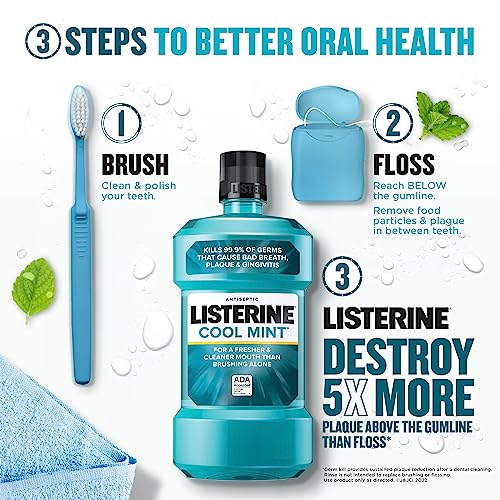 Listerine Cool Mint Antiseptic Mouthwash to Kill 99% of Germs That Cause Bad Breath, Plaque and Gingivitis, Cool Mint Flavor, 1 L (Pack of 2)
