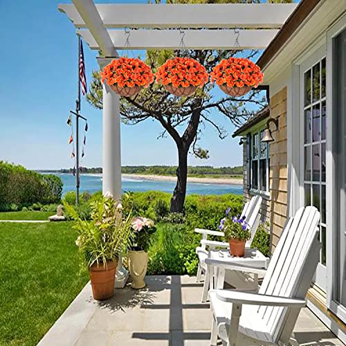 Artificial Flowers with HangingBasket for Outdoor Indoor,Fake Hydrangea Flowers in Coconut Lining Hanging Basket for Home Courtyard Decoration,4 Branches Hydrangea Flowers in12'' Basket(Orange)