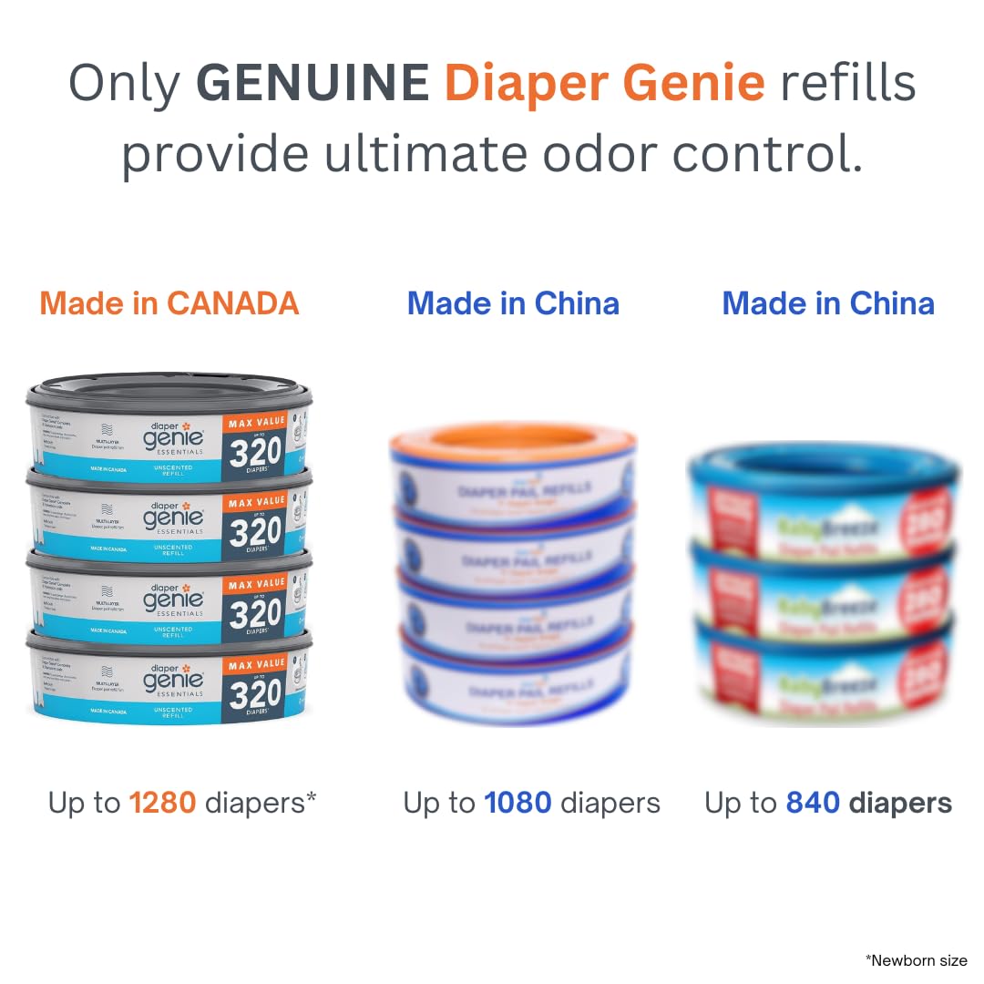 Diaper Genie Essentials Round Refill 4-Pack | Holds Up to 1280 Newborn Diapers | Features Unscented Continuous Film | Compatible with Diaper Genie Complete and Expressions Pails