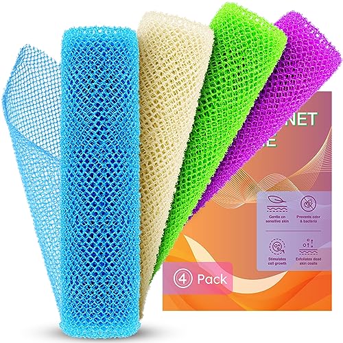 4 Pieces African Bath Sponge African Net Long Net Bath Sponge Exfoliating Shower Body Scrubber Back Scrubber Skin Smoother,Great for Daily Use (Blue, Green, Purple, White)