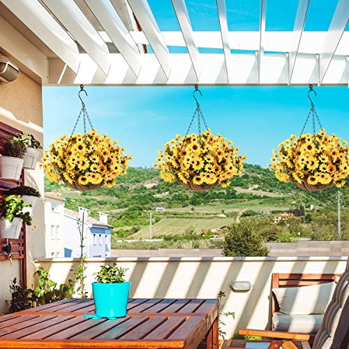 INQCMY Artificial Flowers Hanging Basket for Outdoor Indoor, Fake Sunflowers Flowers in Coconut Lining Hanging Basket, 8 Branches Sunflowers Flowers in 12'' Basket(Yellow)