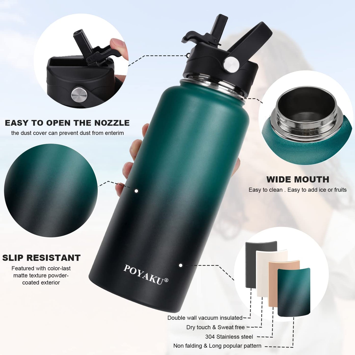 32oz Insulated Stainless Steel Water Bottle with Straw & Spout Lid, Double Wall Sweat-proof BPA Free to Keep Beverages Cold For 24Hrs or Hot For 12Hrs