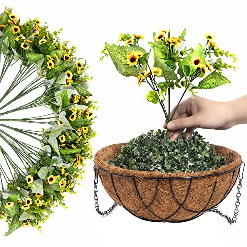 Artificial Flowers with Hanging Basket for Outdoor Indoor, Fake Chrysanthemum Flowers in Coconut Lining Hanging Basket for Home Courtyard Decoration, 4 Branches Flowers in 12'' Basket(Yellow)