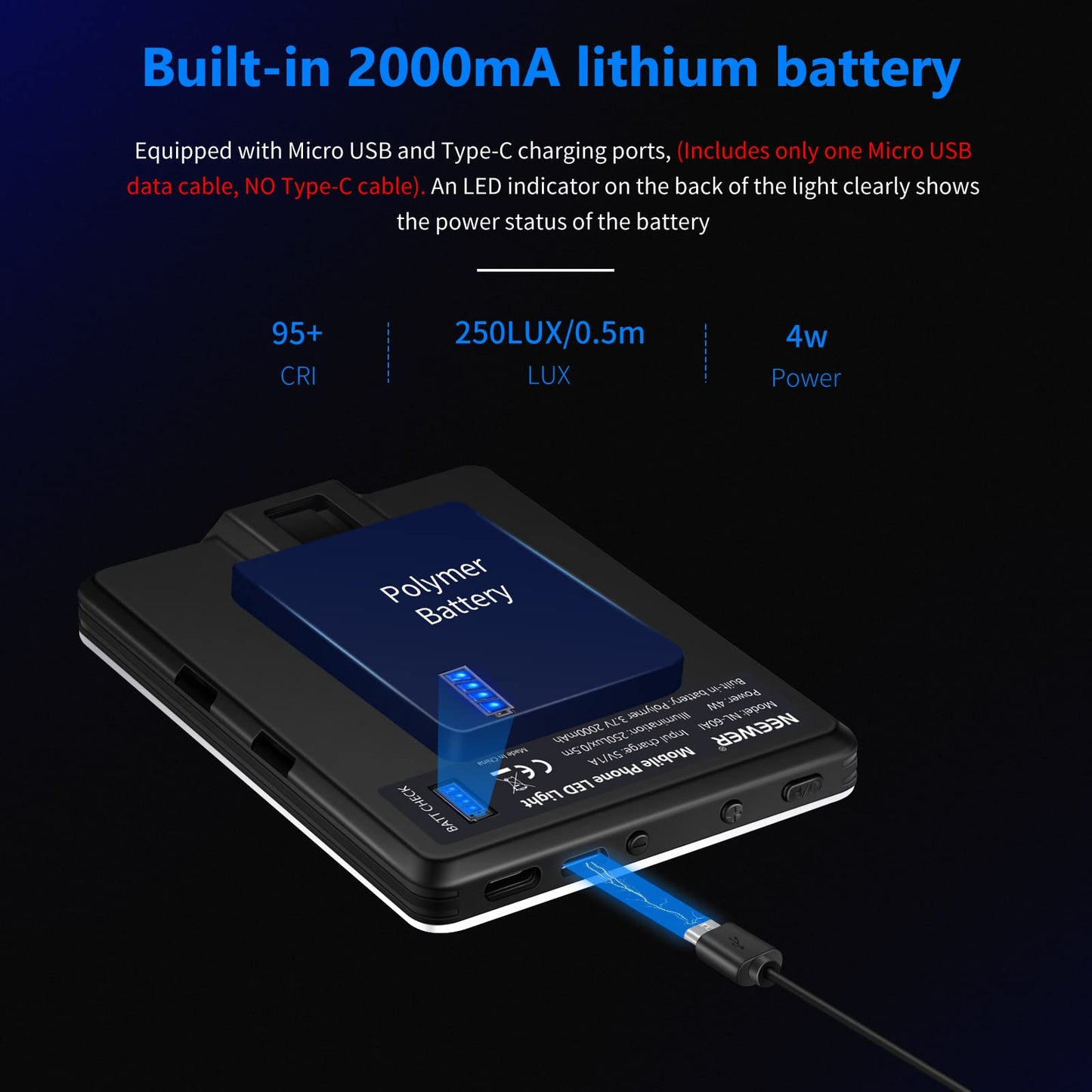 NEEWER Selfie Light with Front & Back Phone Clip, High Power 60 LED 2000mAh Rechargeable CRI 95+, 3 Light Modes, Portable Clip on Light for Tablet/Laptop, Zoom Call TikTok Video Fill Light (NL-60AI)