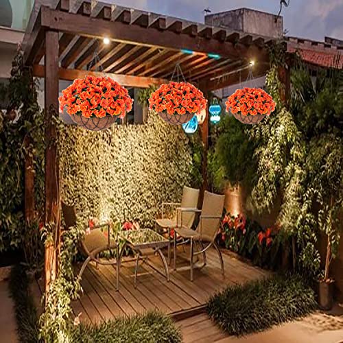 Artificial Flowers with HangingBasket for Outdoor Indoor,Fake Hydrangea Flowers in Coconut Lining Hanging Basket for Home Courtyard Decoration,4 Branches Hydrangea Flowers in12'' Basket(Orange)