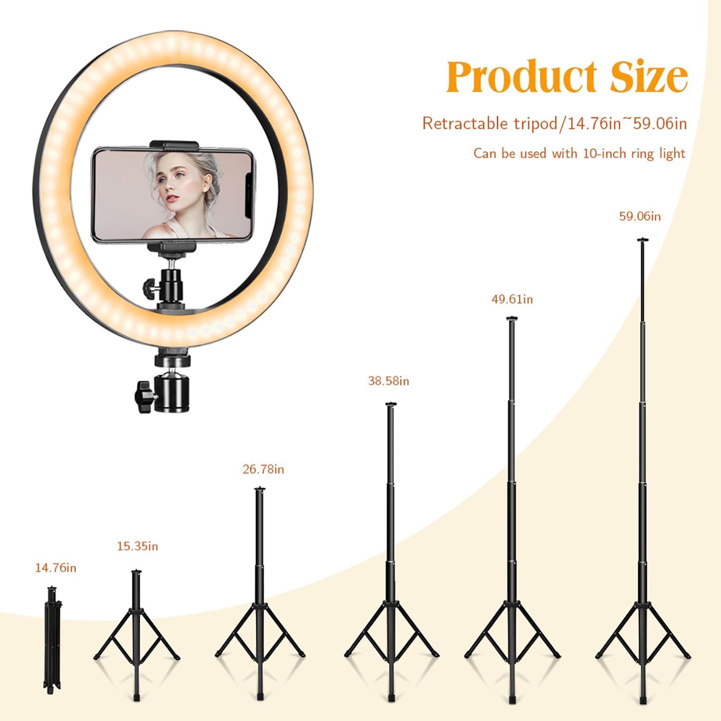 10" Ring Light with 59" Tripod Stand & Phone Holder for YouTube Video, Dimmable Led Ring Light for Camera, Video, Makeup, Selfie Photography Compatible with Smartphone