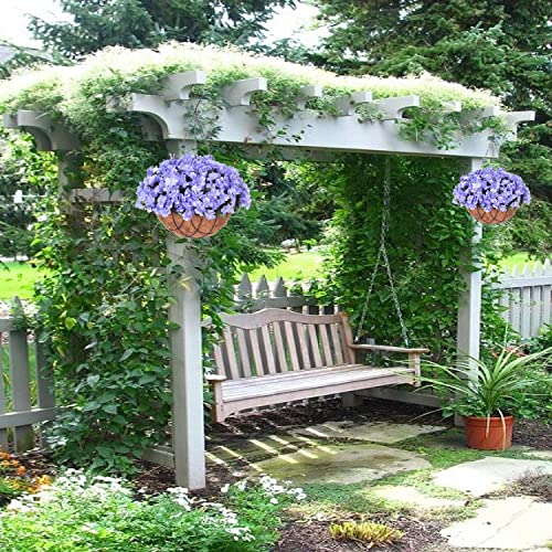 Artificial Flowers with HangingBasket for Outdoor Indoor, Fake Hydrangea Flowers in Coconut Lining Hanging Basket for Home Courtyard Decoration, 4 Branches Hydrangea Flowers in 12'' Basket(Blue)