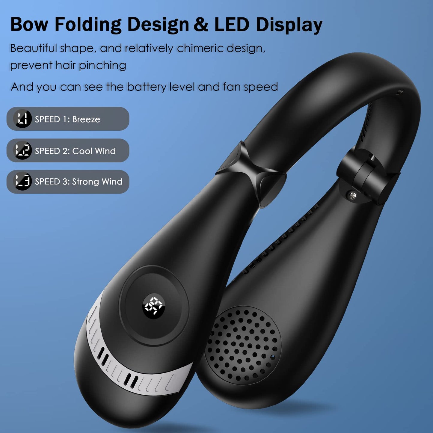 Portable Neck Fan, 360° Cooling Personal Fan, Hands Free Bladeless Fan, Battery Operated, USB Rechargeable, 3 Speeds Wearable Quiet Fan for Outdoor Indoor, Black
