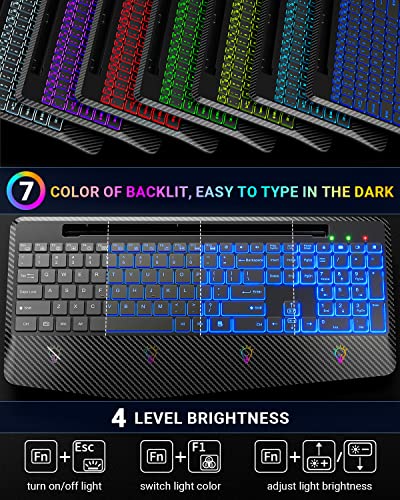 Choiana Keyboard and Mouse Wireless Combo with 7 Changeable Backlits Color, Wrist Rest, Jiggler Mouse, Phone Holder, Ergonomic Quiet Rechargeable Cordless Mouse Keyboard Set for Windows, PC, Laptop