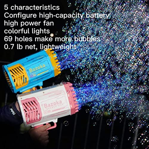 Bubble 𝐆𝐮𝐧 Bubble Machine with 69 Holes and Colorful Lights, Super Big Electric Automatic Bubble Maker Machine for Kids Adults Summer Outdoor Party Activity (Pink)