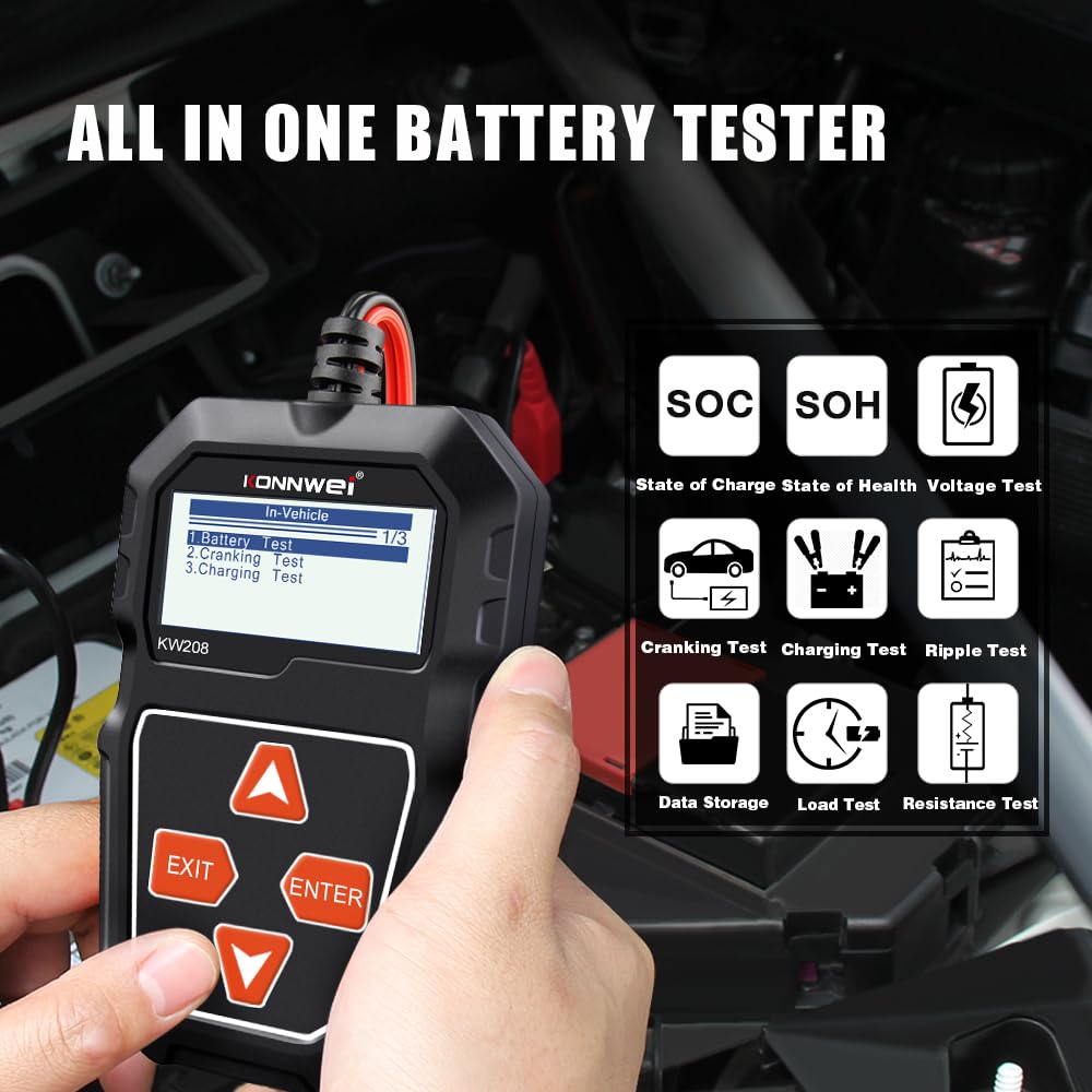 KONNWEI KW208 12V Car Battery Tester, 100-2000 CCA Load Tester Automotive Alternator Tester Digital Auto Battery Analyzer Charging Cranking System Tester for Truck Marine Motorcycle SUV Boat