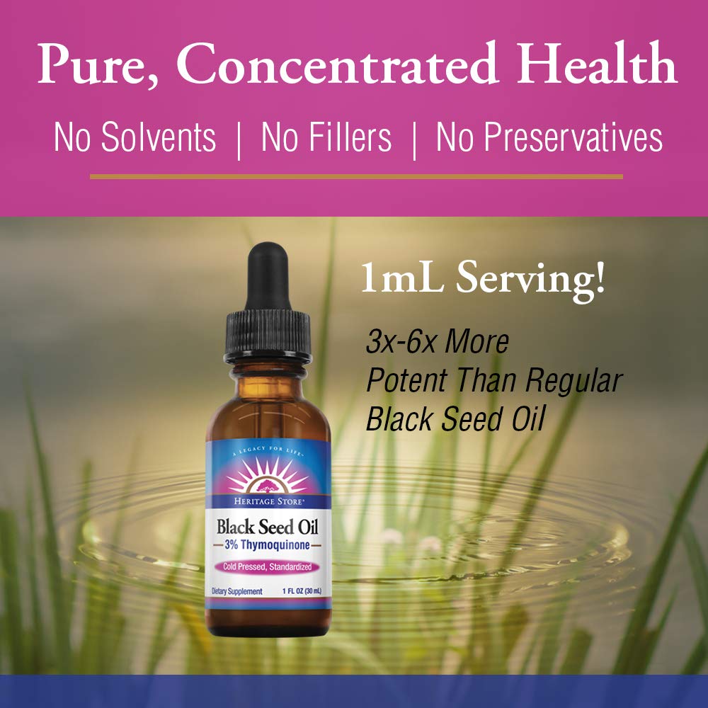 HERITAGE STORE Black Seed Oil | 3% Thymoquinone | Pure & Cold Pressed | Healthy Heart, Digestion, Immune, Metabolism, Hair & Skin Support | 1 oz