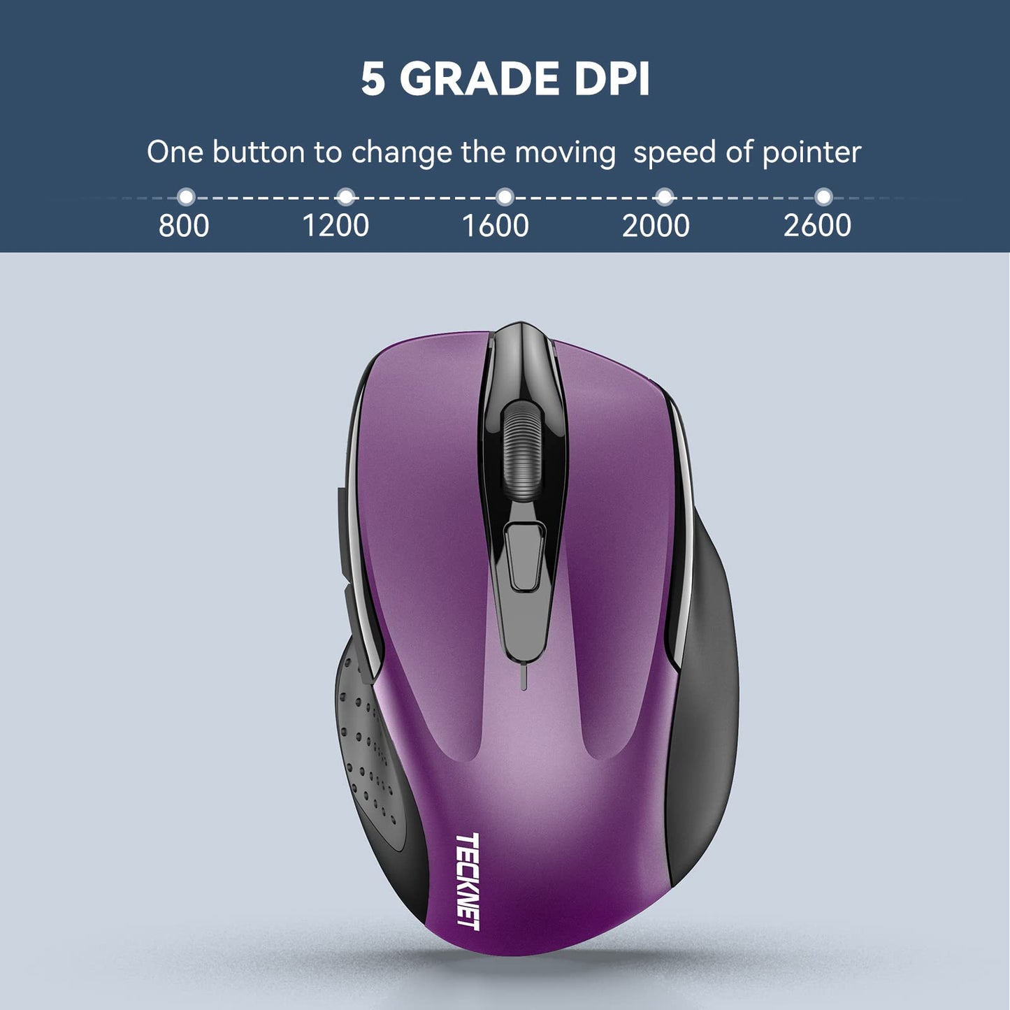 TECKNET Wireless Mouse, 2.4G Ergonomic Optical Mouse, Computer Mouse for Laptop, PC, Computer, Chromebook, Notebook, 6 Buttons, 24 Months Battery Life, 2600 DPI, 5 Adjustment Levels