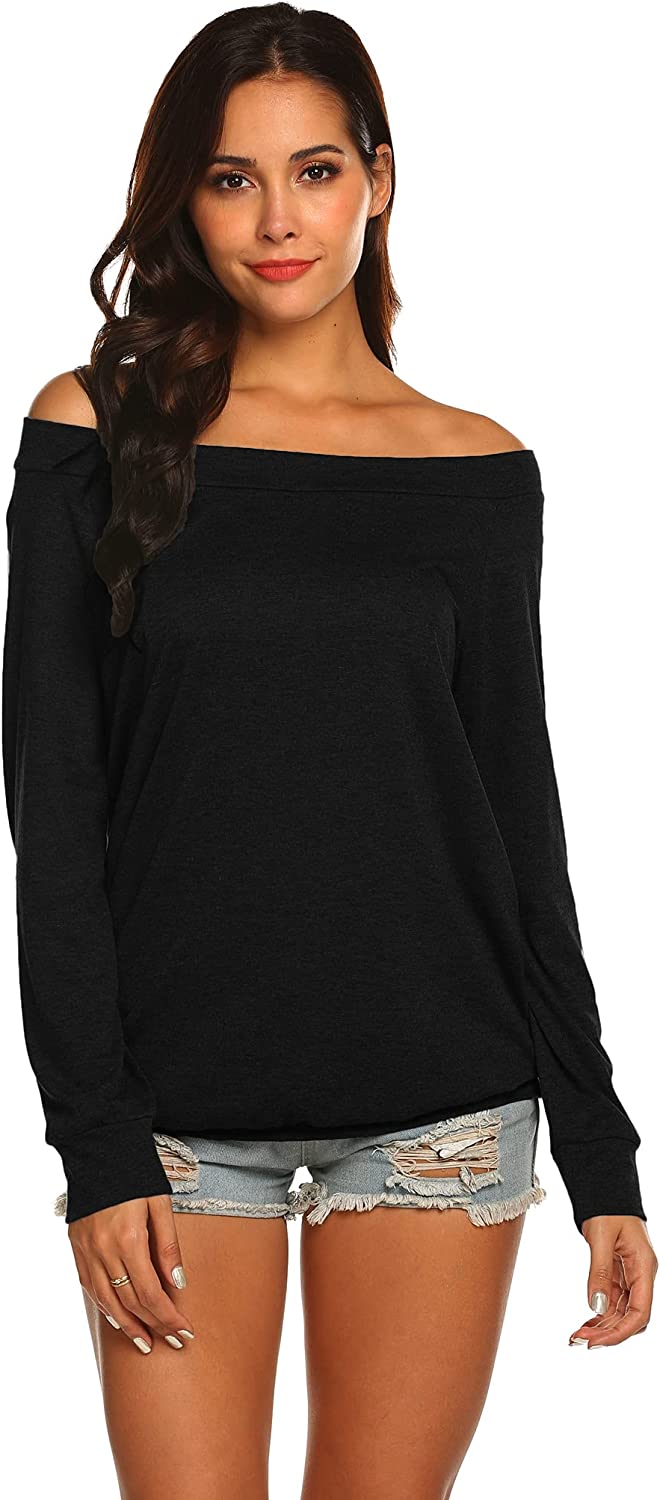 Halife Women's Long Sleeve Boat Neck Off Shoulder Blouse Tops Large Black