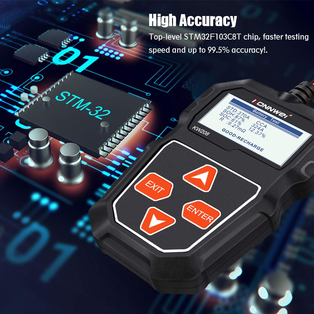KONNWEI KW208 12V Car Battery Tester, 100-2000 CCA Load Tester Automotive Alternator Tester Digital Auto Battery Analyzer Charging Cranking System Tester for Truck Marine Motorcycle SUV Boat