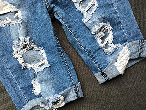 olrain Womens High Waist Ripped Hole Washed Distressed Short Jeans 14 Blue