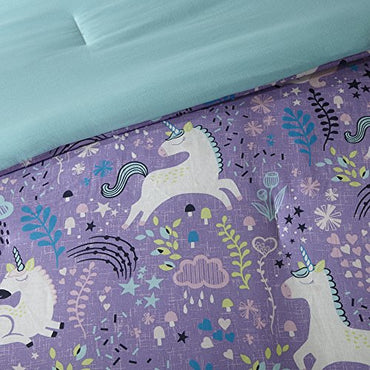 Urban Habitat Kids 100% Cotton Comforter Set-Fun Print and Vibrant Color Modern Design All Season Cozy Bedding,Matching Shams,Decorative Pillow,Twin/TwinXL,Unicorn Reversible Purple with 2dec pillows