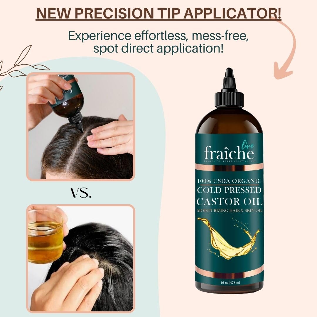 Live Fraiche USDA Organic Cold Pressed Castor Oil (16oz), 100% Pure, Hexane-Free Castor Oil - Moisturizing & Healing, For Dry Skin, Hair Growth - For Skin, Hair Care, Eyelashes - Caster Oil