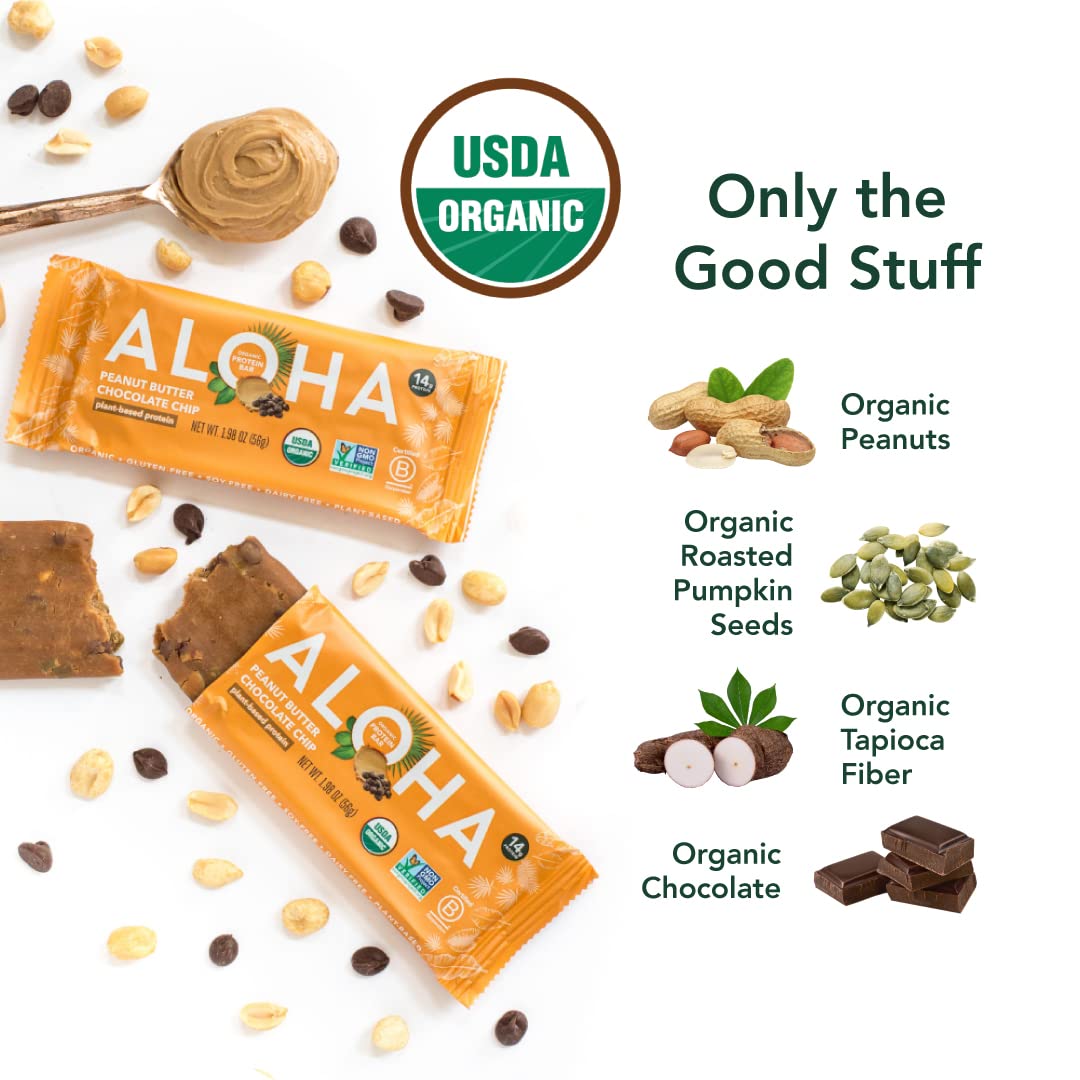 ALOHA Organic Plant Based Protein Bars |Peanut Butter Chocolate Chip | 1.98 Oz (Pack of 12) | Vegan, Low Sugar, Gluten Free, Paleo, Low Carb, Non-GMO, Stevia Free, Soy Free, No Sugar Alcohols