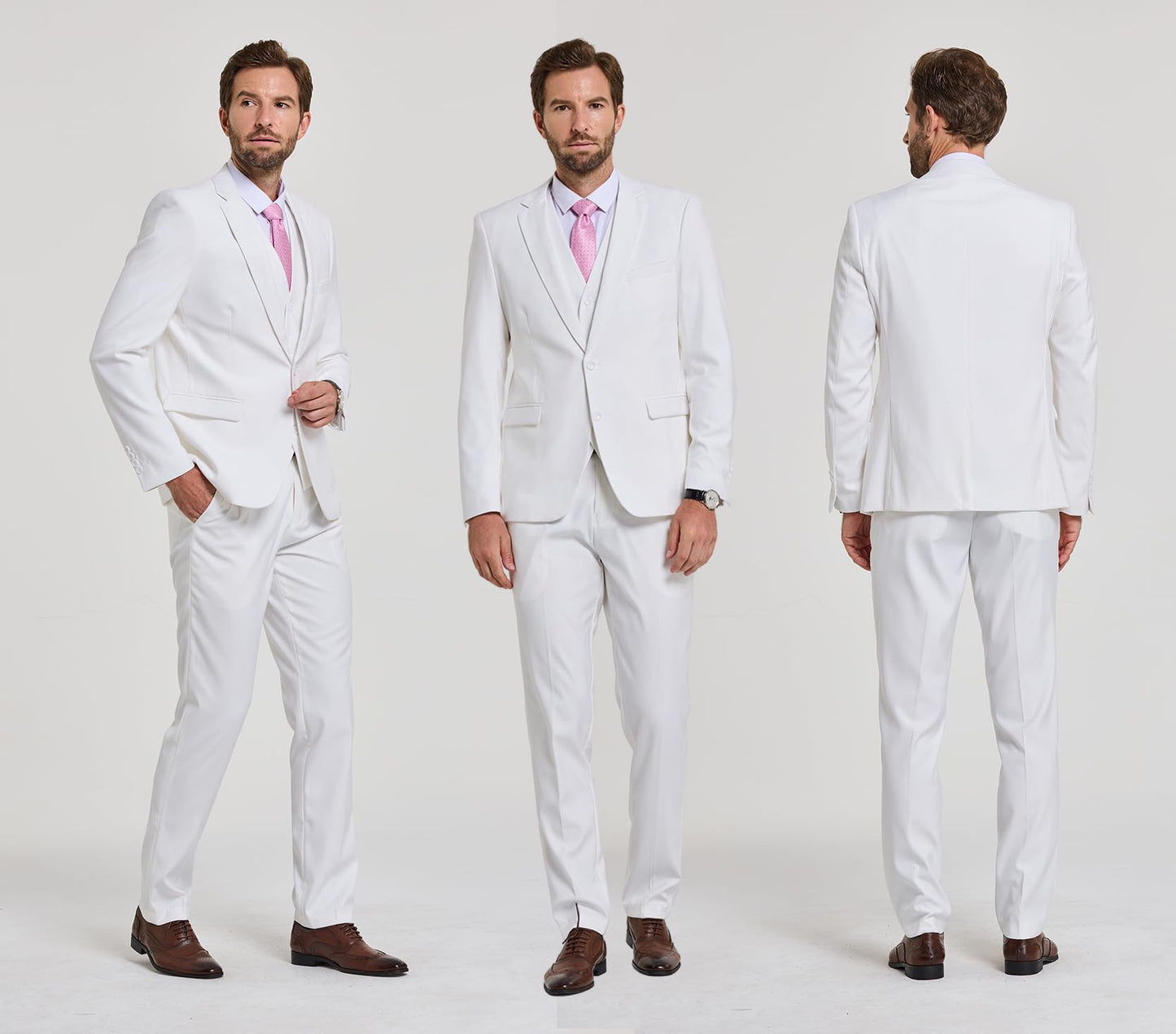 YND Men's Slim Fit 2 Button 3 Piece Suit Set, Blazer Jacket Vest Pants and Tie, Solid Wedding Dress Tux and Trousers White