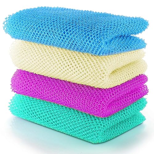 4 Pieces African Bath Sponge African Net Long Net Bath Sponge Exfoliating Shower Body Scrubber Back Scrubber Skin Smoother,Great for Daily Use (Blue, Green, Purple, White)