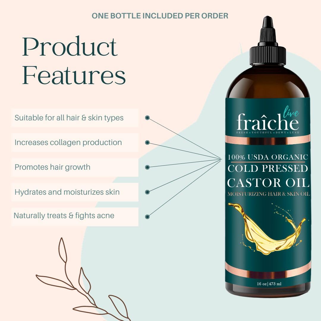 Live Fraiche USDA Organic Cold Pressed Castor Oil (16oz), 100% Pure, Hexane-Free Castor Oil - Moisturizing & Healing, For Dry Skin, Hair Growth - For Skin, Hair Care, Eyelashes - Caster Oil