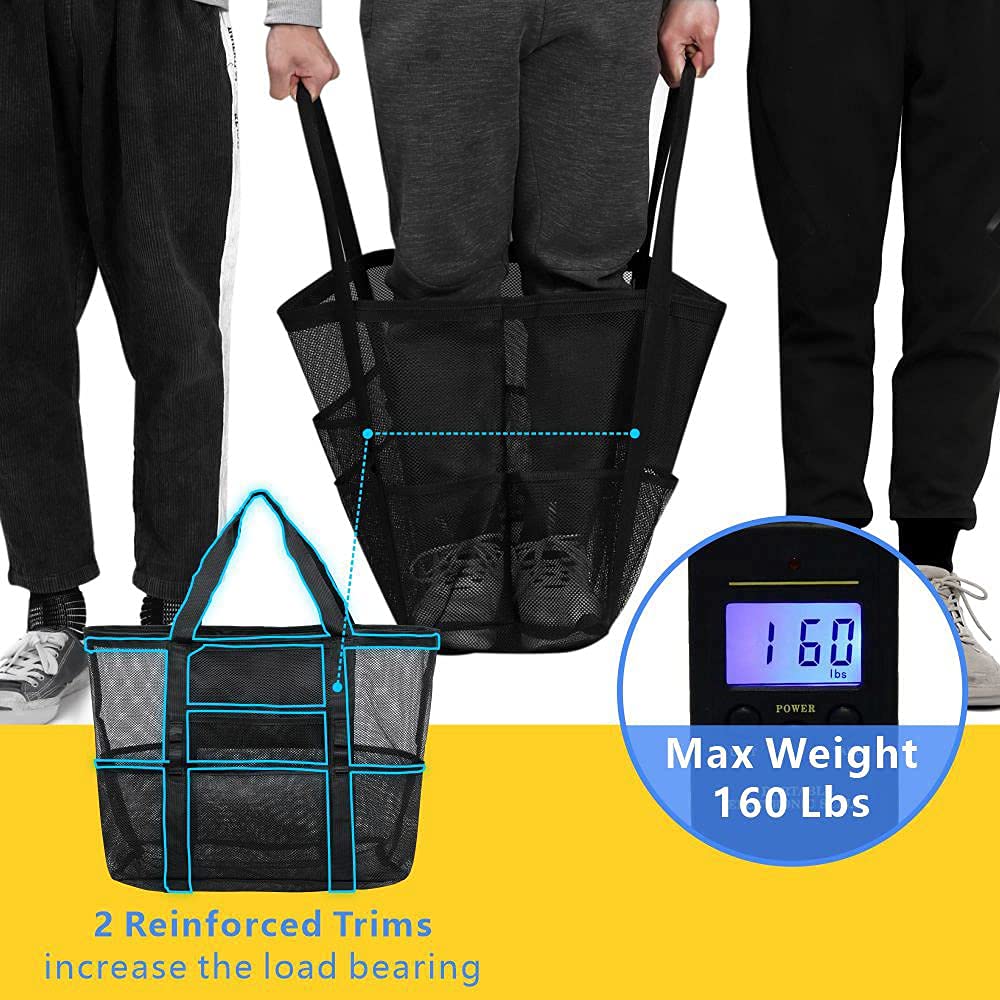 F-color Mesh Beach Bag Oversize-Beach Tote 9 Pockets Beach Towel Bag, Black