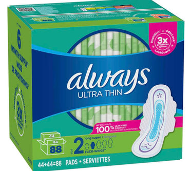 Always Ultra Thin Long Super Pads, Unscented with Wings, 88 Count