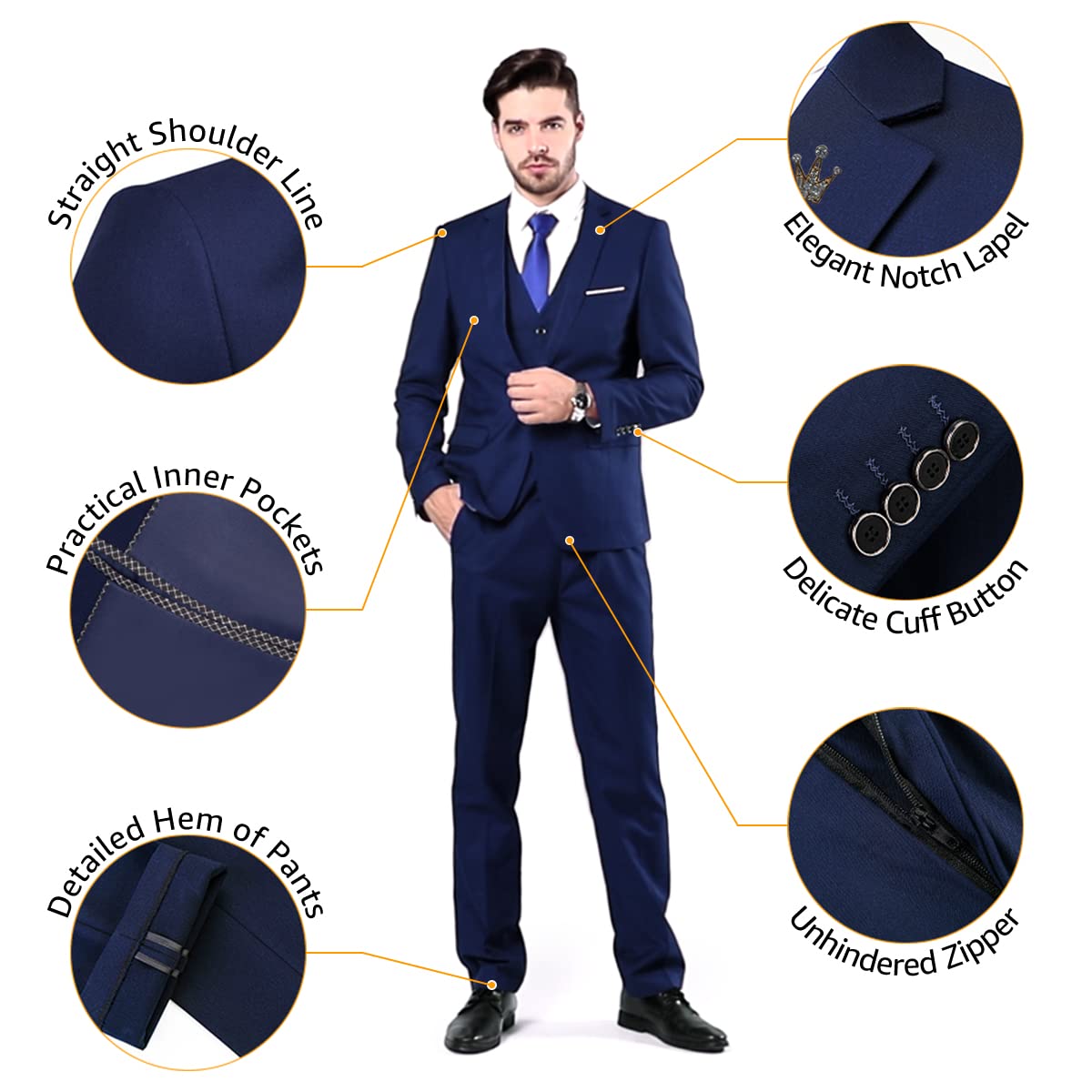 YND Men's Slim Fit 2 Button 3 Piece Suit Set, Blazer Jacket Vest Pants and Tie, Solid Wedding Dress Tux and Trousers White