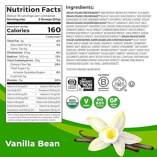 Orgain Organic Protein + Superfoods Powder, Vanilla Bean - 21g of Protein, Vegan, Plant Based, 5g of Fiber, No Dairy, Gluten, Soy or Added Sugar, Non-GMO, 2.02lb