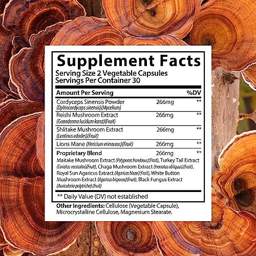 Mushroom Nootropic Supplement with Lions Mane - Mushroom Blend: Lion's Mane, Reishi, Chaga Mushroom Extract - Focus & Brain Support with Turkey Tail, Shiitake, Maitake, Cordyceps Powder - 60 Capsules