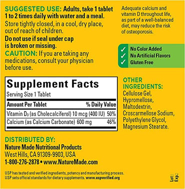 Nature Made Calcium 600 mg with Vitamin D3, Dietary Supplement for Bone Support, 220 Tablets+Better Guide Vitamins Supplements