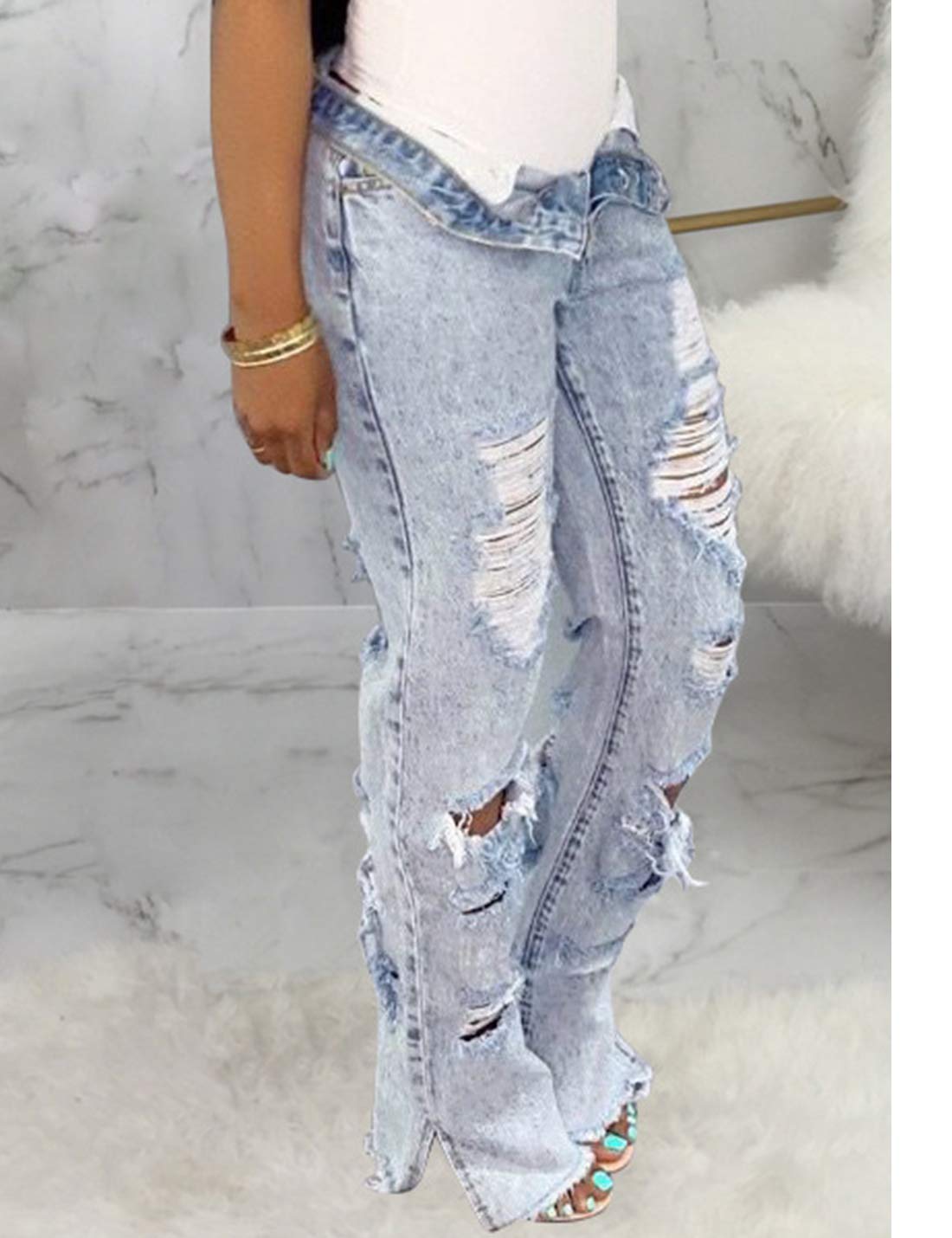 Naliha Women Casual Ripped Jeans Pants High Waisted Baggy Denim Jeggings Trousers Lightblue S