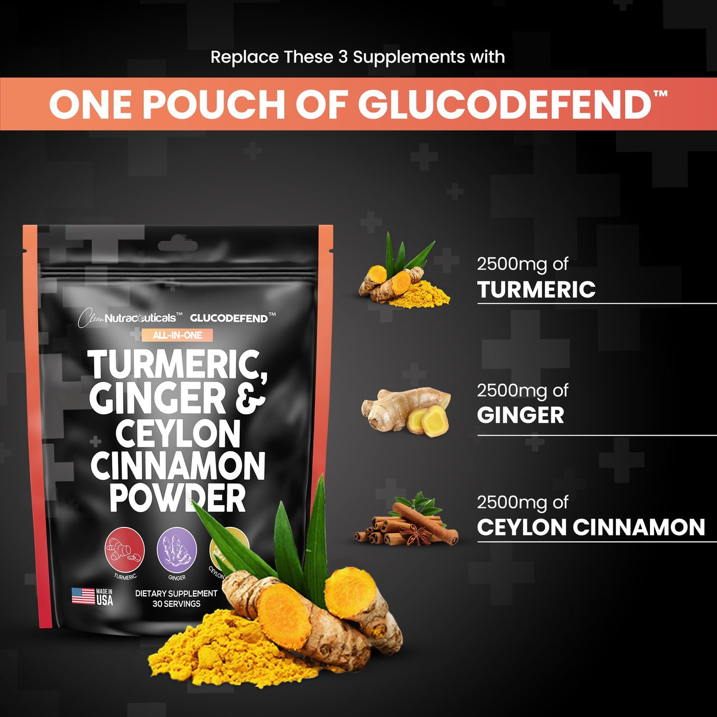 3in1 Turmeric Curcumin Ginger Root & Ceylon Cinnamon Powder Supplement Made in USA - Turmeric Powder for Health, Cooking, Baking - Premium Quality Ginger Powder - Alternative to Pills Capsules Tablets
