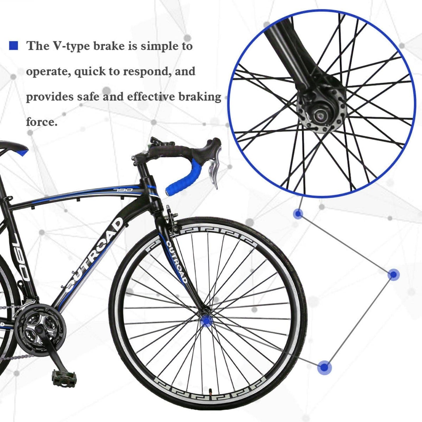 PanAme 14-21 Speed Road Bike with Light Aluminum Alloy Frame, 700C Wheel Commuter Bicycle with Dual V Brakes for Men and Women, Adult Faster Racing Bike (Black, Red, Blue, White)… (FT-Blue)