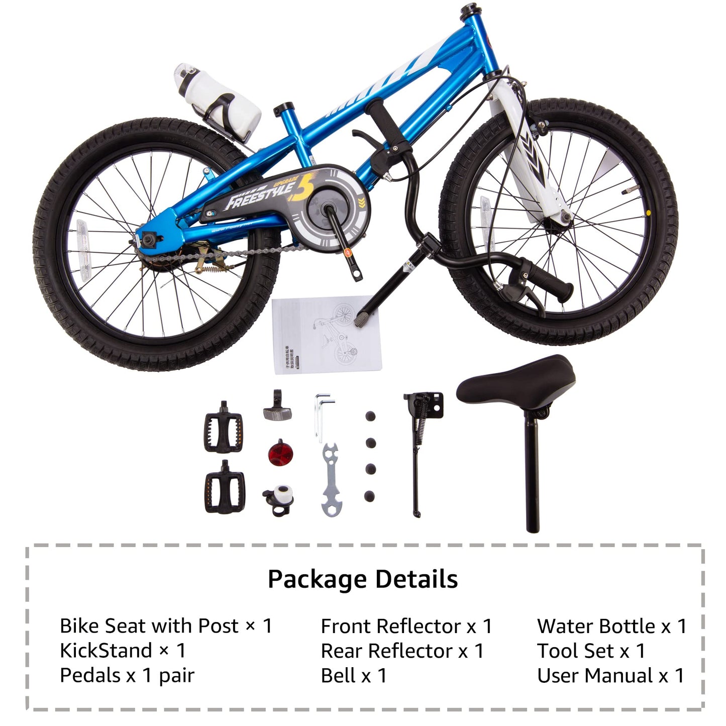 RoyalBaby BMX Freestyle Kid's Bike with Two Hand Brakes, Tool Free Pedal Assembly Boy's Bike and Girl's Bike, Training Wheels for 12" 14" 16", Kickstand for 16" 18" Bicycle, Blue Color (18 Inch)