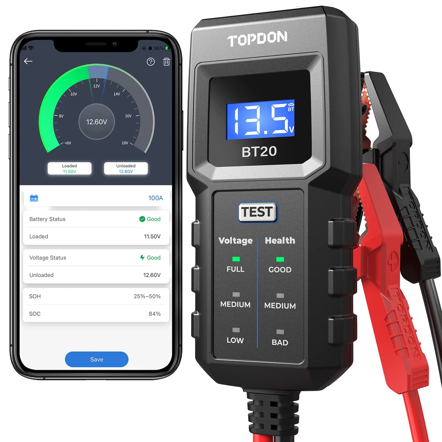 12V Car Battery Tester, TOPDON BT20 Battery Load Tester 100-2000CCA, Cranking&Charging Test via App, Record Voltage History, Automotive Battery Analyzer&Checker for Car Truck SUV Boat