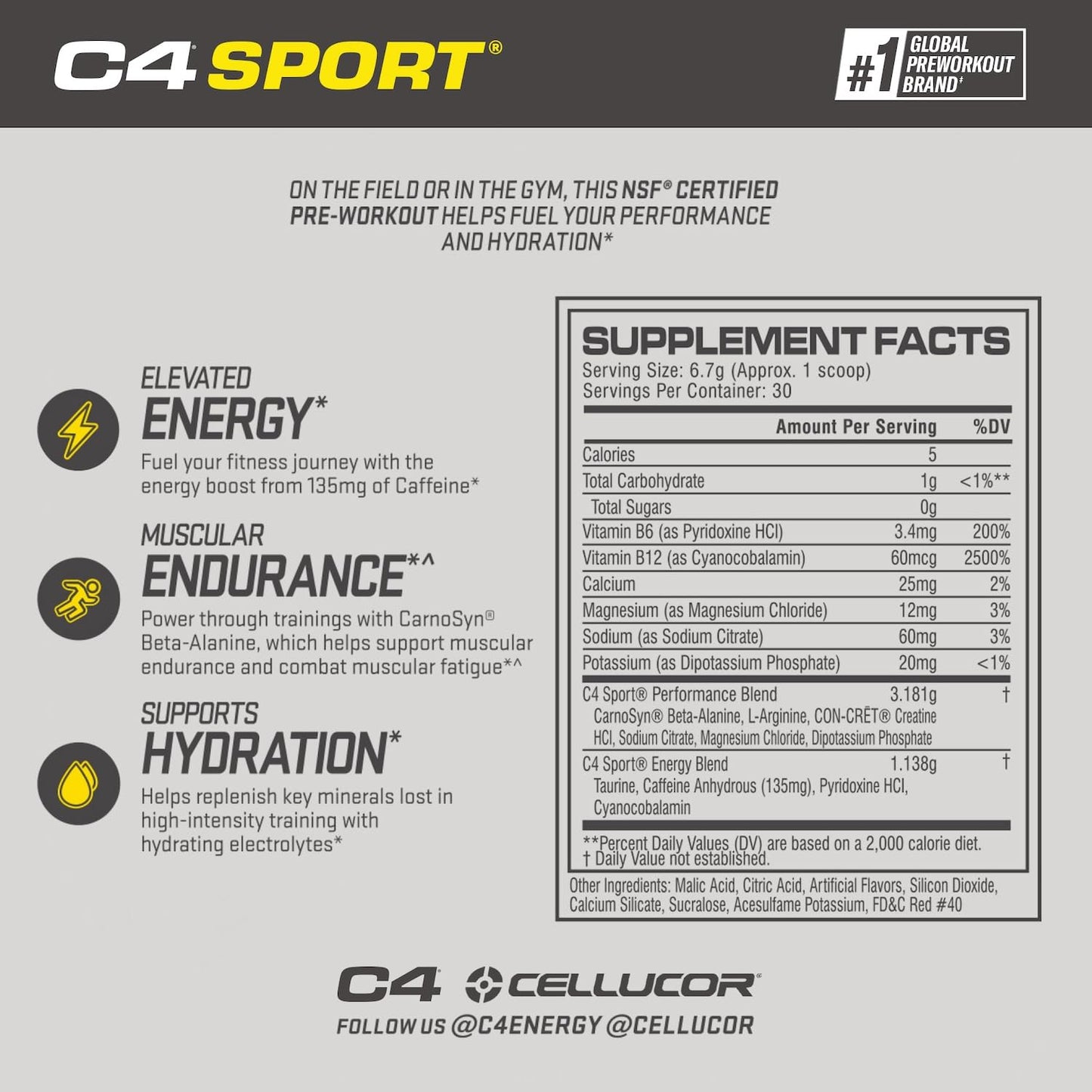 Cellucor C4 Sport Pre Workout Powder Watermelon - Pre Workout Energy with Creatine + 135mg Caffeine and Beta-Alanine Performance Blend - NSF Certified for Sport 30 Servings