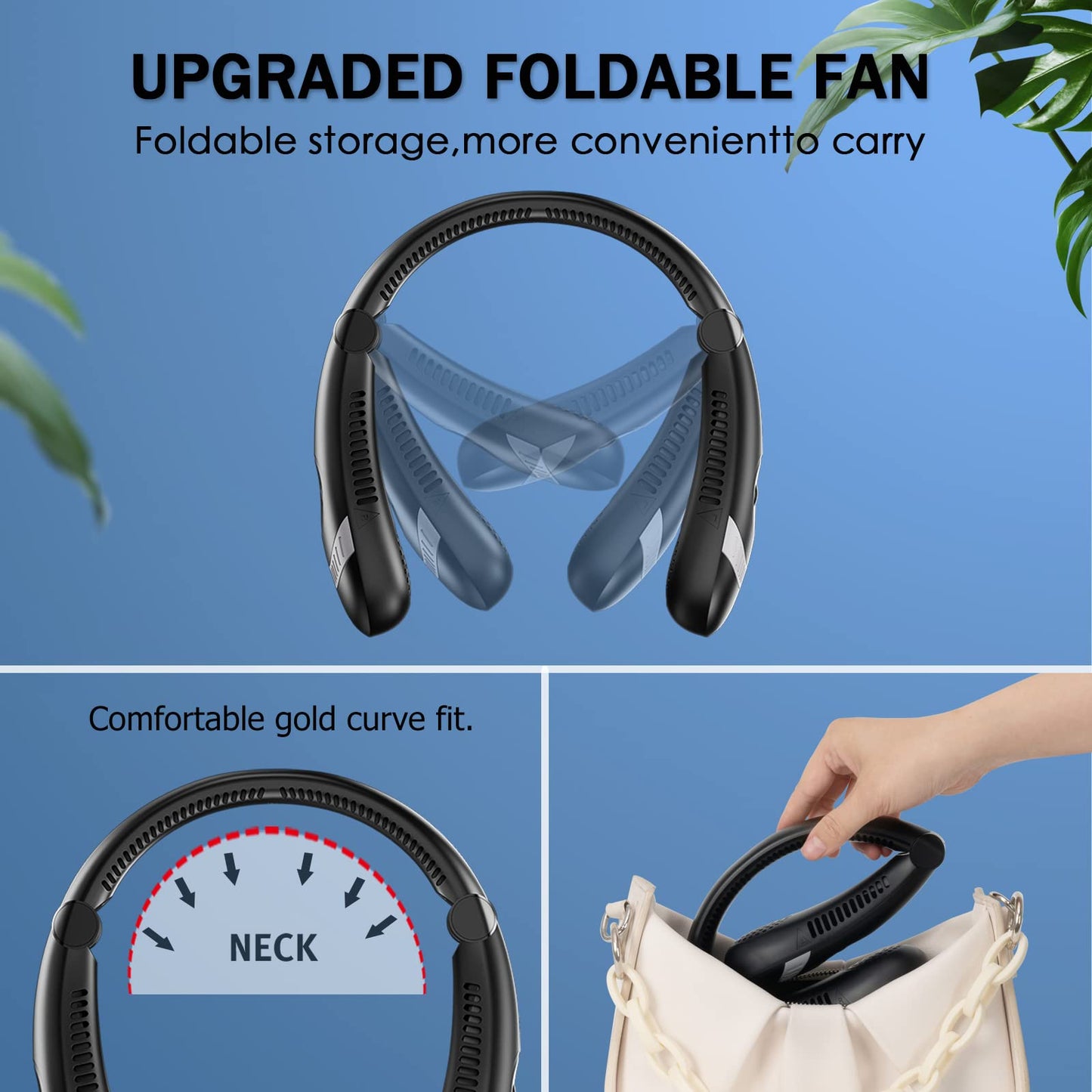 Portable Neck Fan, 360° Cooling Personal Fan, Hands Free Bladeless Fan, Battery Operated, USB Rechargeable, 3 Speeds Wearable Quiet Fan for Outdoor Indoor, Black